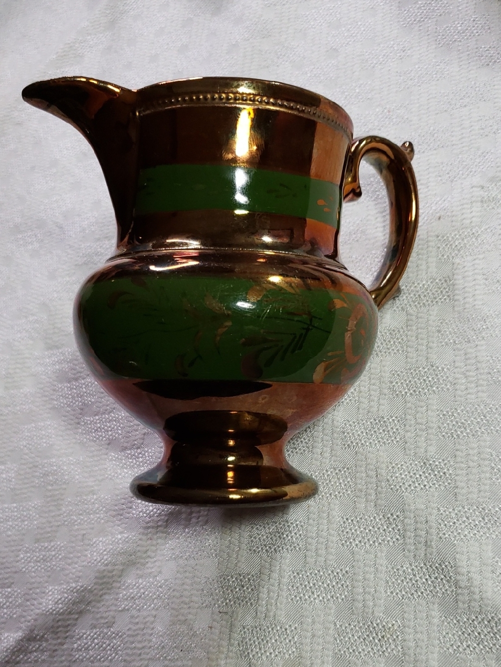 Milk Pitcher Copper Luster Green Antique
